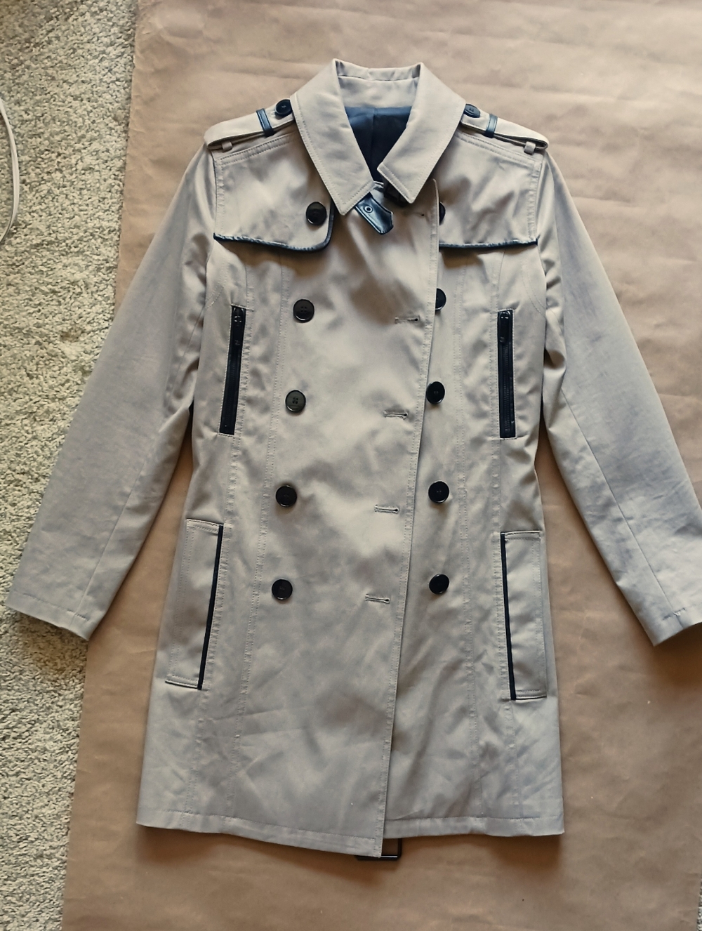 The Kooples Trench Coat Tan Khaki Stone Gray Black Leather Trim Sz 34 XS 2
